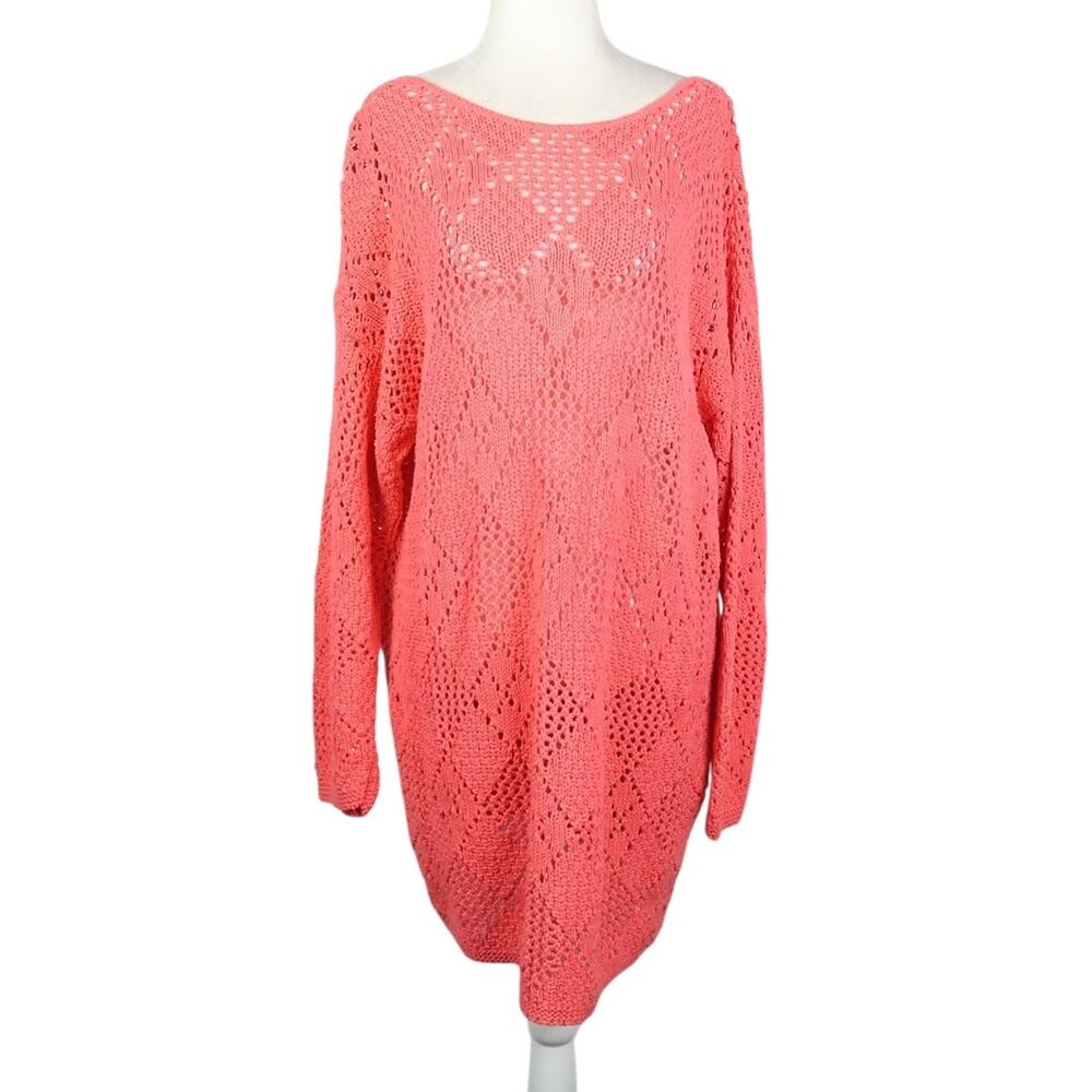 Vintage 90s Sarah Arizona Coral Orange Crochet Knit Mini Sweater Dress XL